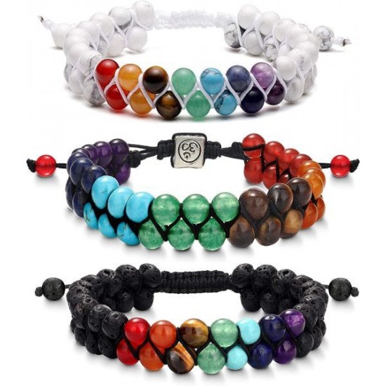 3 Pcs 7 Chakra Bracelet Womens Reiki Stone Rope Braided Bracelet Gemstone Beads Bracelet Crystal Stone Lava Stone Bracelet Diffuser Bracelets For Yoga Meditation